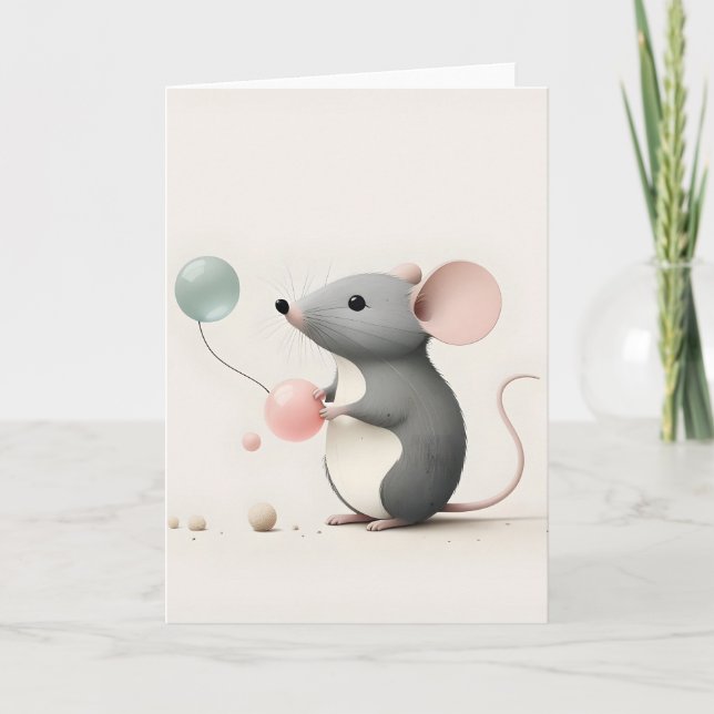 Carte de vœux minimale Boho Souris avec Ballons (Devant)