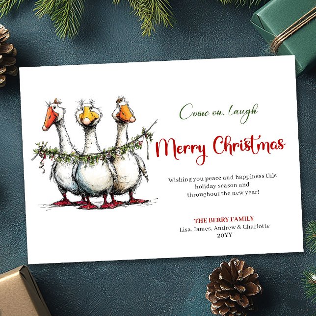 Carte de vœux minimale drôle et idiote de Noël ave (Christmas Funny Silly Geese Minimal Greeting Card)