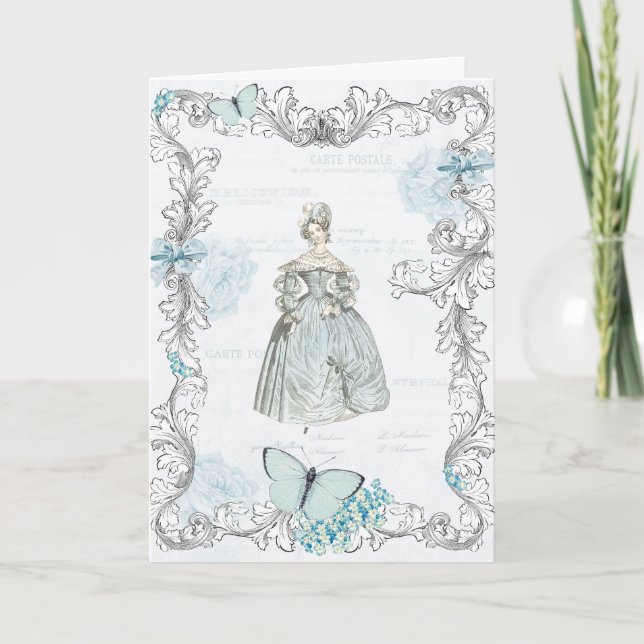 Carte de voeux mode du 19e siècle en bleu (Devant)