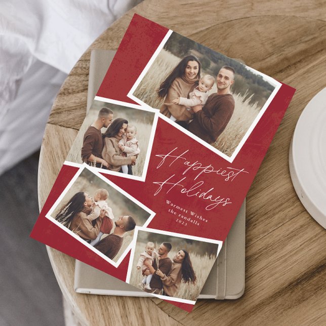 Carte de vœux Modern Script 4 Photo Collage Happie (Modern script 4 photo collage happiest holidays card in red.)