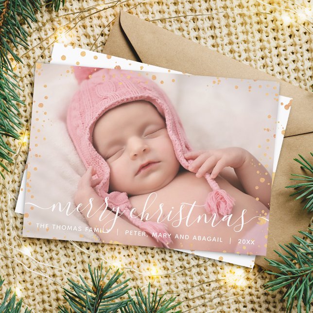 Carte de vœux moderne de Noël avec éclaboussure d' (Modern Faux Gold Splash Merry Christmas Photo Card)