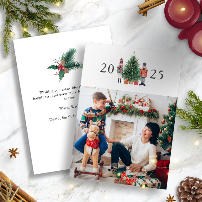 Carte de vœux moderne de Noël avec photo (2025 Nutcracker Modern White Merry Christmas Photo Holiday Card
)