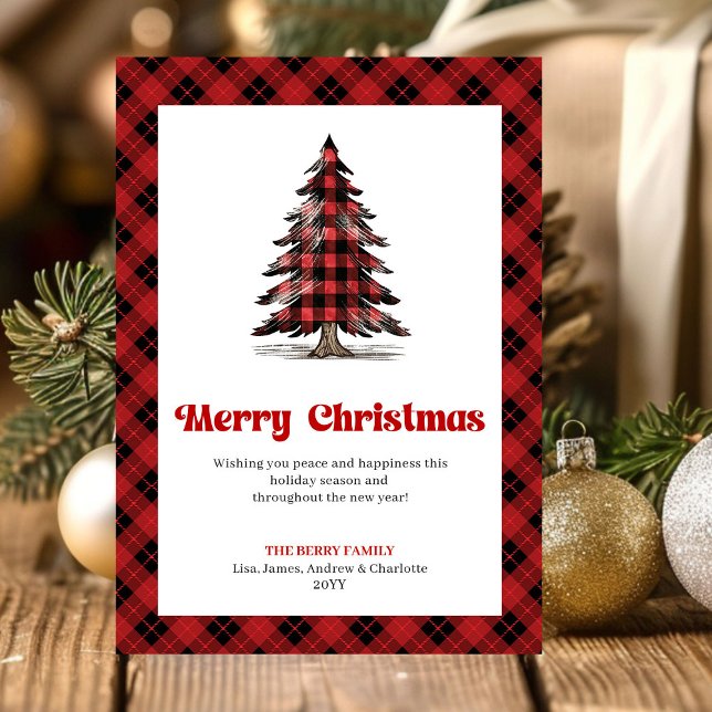 Carte de vœux moderne de Noël avec sapin plaid de  (Send warm holiday wishes with this modern watercolor Christmas greeting card, featuring a red and bl)