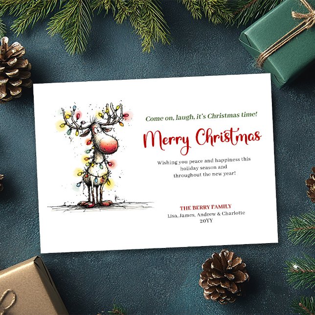 Carte de vœux moderne et originale pour les fêtes  (Modern Quirky Reindeer Holiday Greeting Card)