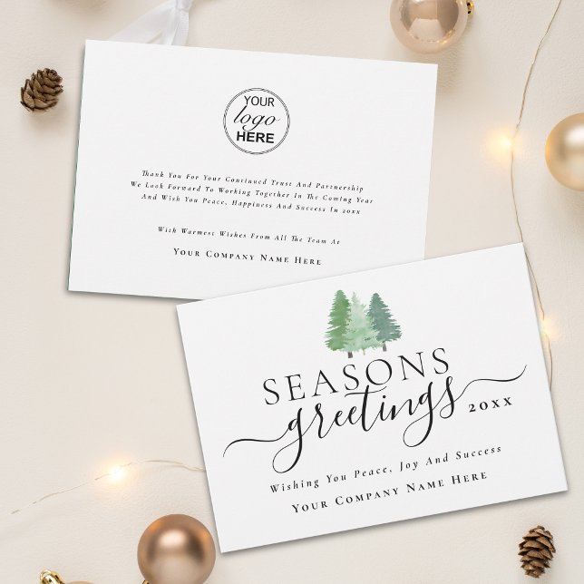 Carte de vœux moderne pour entreprise  (Seasons greetings business logo watercolor Christmas trees & script holiday card)