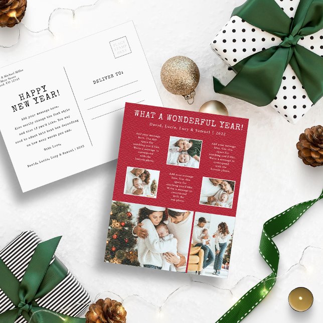 Carte de vœux moderne rouge avec collage de photos (Red and White What a Wonderful Year Photo Collage Christmas Holiday Postcard)