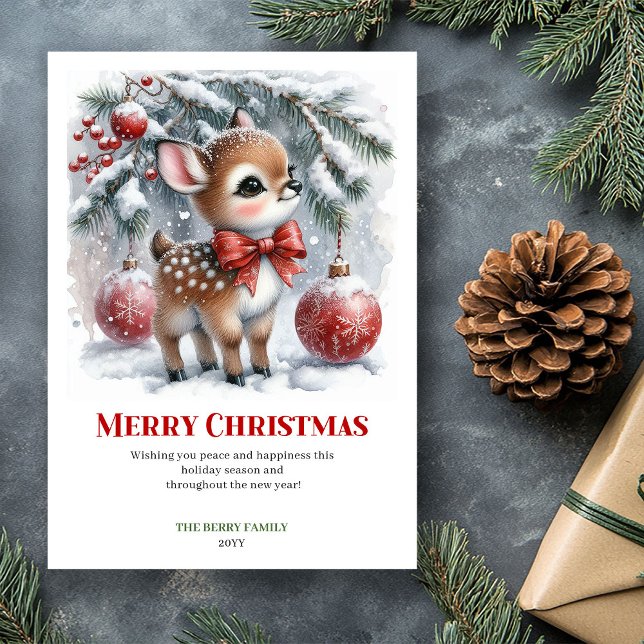 Carte de vœux numérique bébé cerf forêt enneigée a (Digital Baby Deer Snowy Forest Watercolor Greeting Card

)