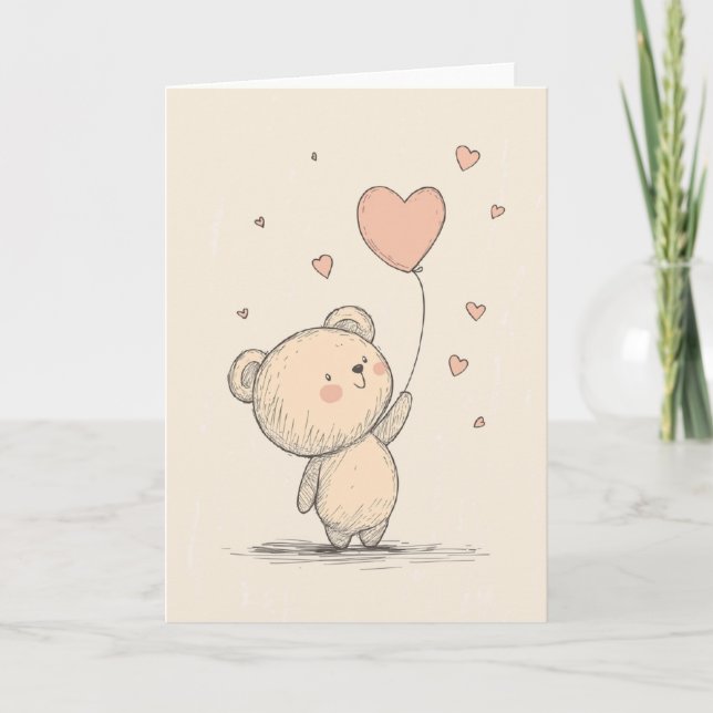 Carte de vœux ours mignon avec ballon en forme de  (Devant)