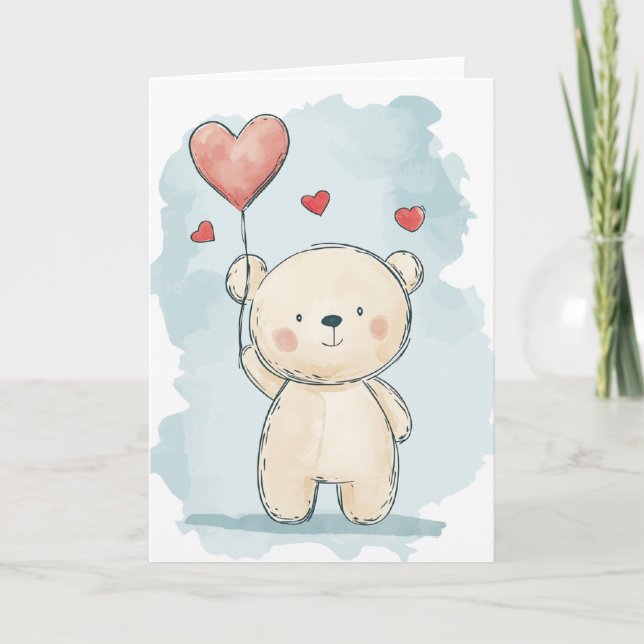Carte de vœux ours mignon avec ballon en forme de  (Devant)