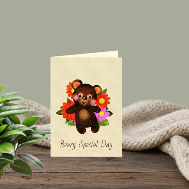 Carte de vœux Ourson mignon avec des fleurs  (Créateur téléchargé)