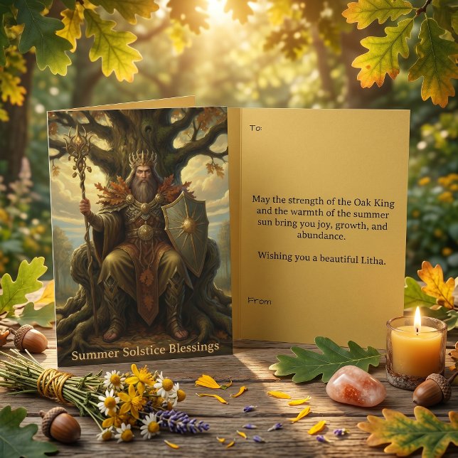 Carte de vœux païenne pour le solstice d'été Litha (Oak King Litha Summer Solstice Folded Paper Greeting Card for Pagan blessings and well wishes.)