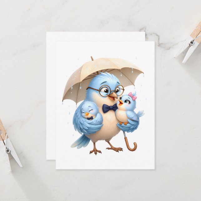 Carte de vœux Papa Oiseau Bleu Affectueux (Devant/Arrière en situation)