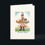 Carte de voeux Pâques vintage<br><div class="desc">Carte de voeux Retro / Polonais Vintage de Pâques. Un garçon polonais vêtu de vêtements traditionnels et portant un grand plateau rempli de nourriture de Pâques polonaise ! Wesołego Alleluja ! Joyeux Pâques !</div>
