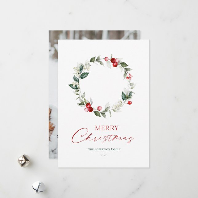 Carte de vœux personnalisée avec couronne hivernal (Devant/Arrière en situation)