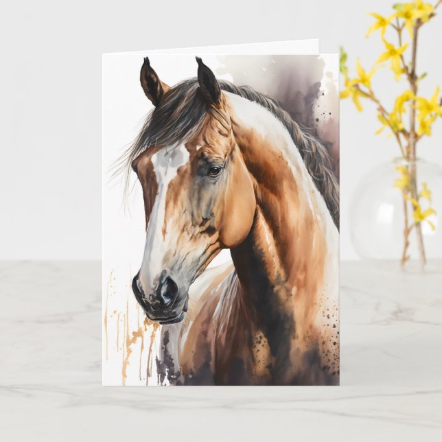 Carte de vœux personnalisée cheval à l'aquarelle (Fleur jaune)
