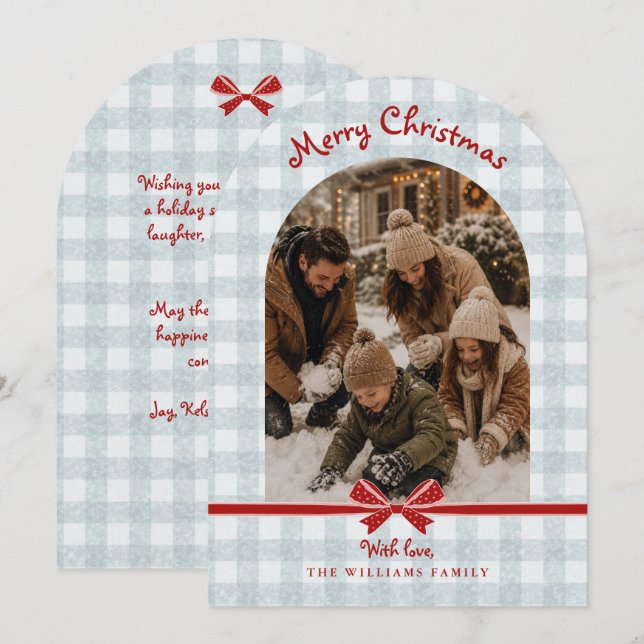 Carte de vœux photo d'arc de Noël avec rubans Ging (Devant / Derrière)