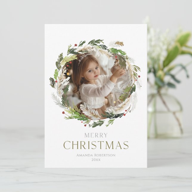 Carte de vœux photo de couronne de verdure de Noël (Debout devant)