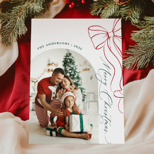 Carte de vœux photo de Noël rouge avec un nœud des