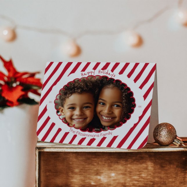 Carte de vœux photo de vacances à rayures fantaisi (Retro Candy Cane Whimsical Striped Christmas folded card)
