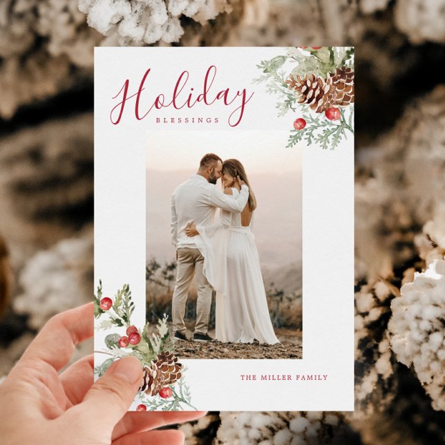 Carte de vœux photo de vacances aquarelle rustique (Rustic Watercolor Holiday Blessings Photo Card)