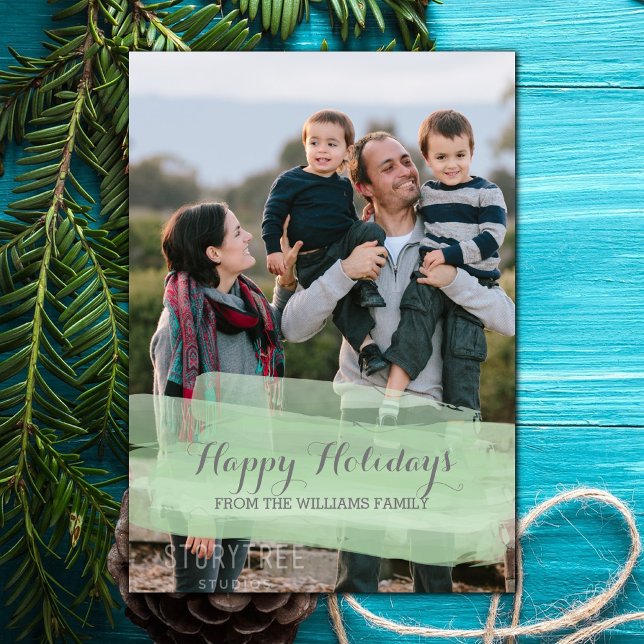 Carte de vœux photo de vacances avec coup de pince (Green Watercolor Brushstroke Holiday Photo Card)