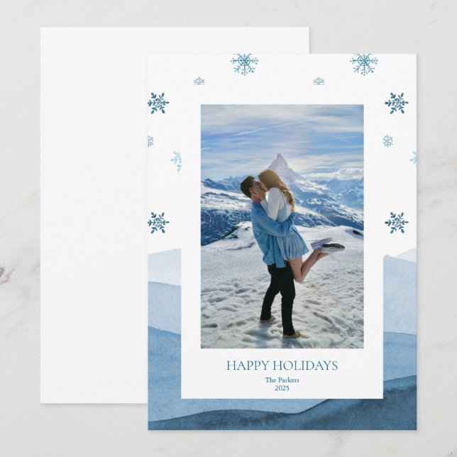 Carte de vœux photo de vacances bleu enneigé (Devant / Derrière)