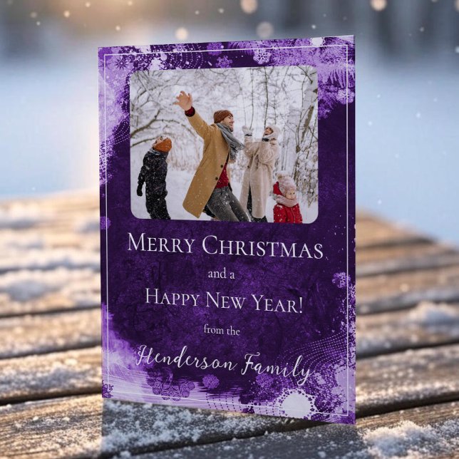 Carte de vœux photo de vacances plate avec flocons (Purple Snowflakes Flat Holiday Photo Card)