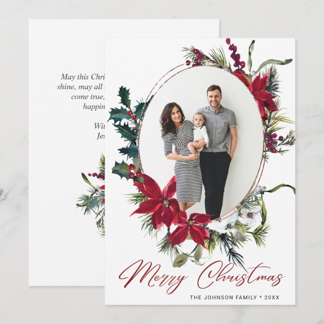 Carte de vœux photo élégante de Noël avec poinsett (Devant / Derrière)