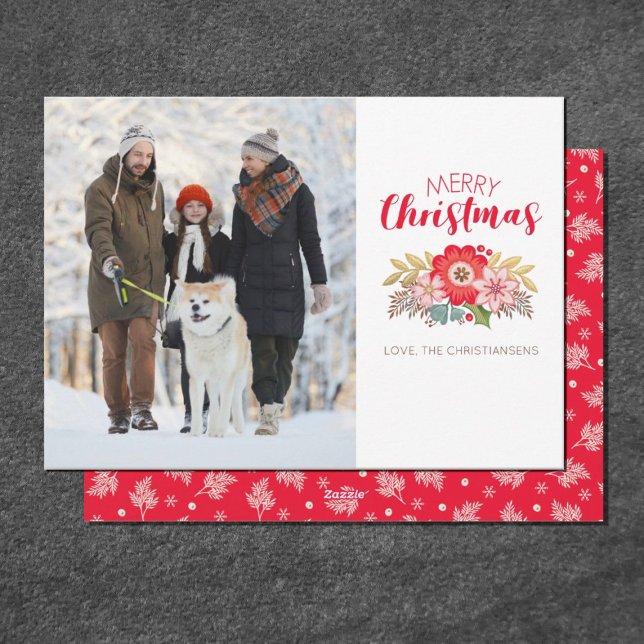 Carte de voeux photo moderne Joyeux Noël (An elegant red floral Christmas photo card. Personalize it with your name, and photo.)