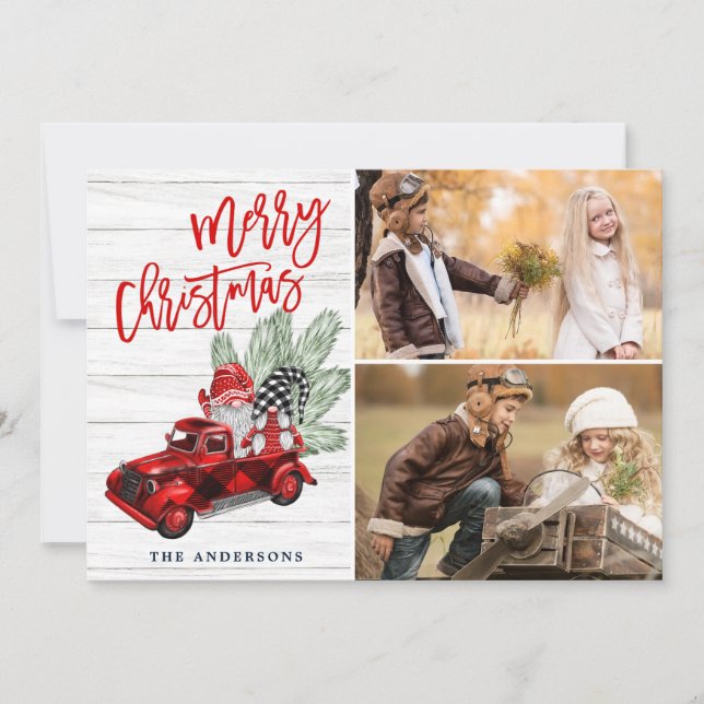 Carte de vœux photo rétro Noël camion rouge rustiq (Devant)