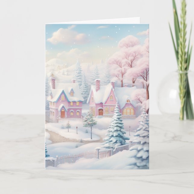 Carte de voeux Pink and Snowy Village Holiday Card (Devant)