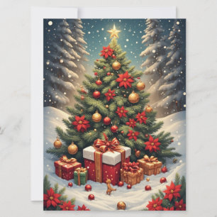 Carte de vœux plate arbre de Noël poinsettia