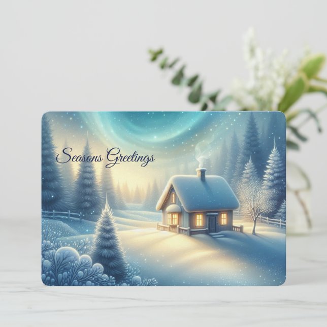 Carte de vœux plate Cabane d'hiver paisible  (Debout devant)