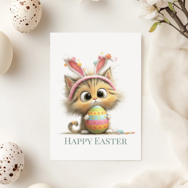 Carte de vœux plate de Pâques chatte extra mignonn (Egg-stra Cute Easter Cat Flat Greeting Card on a sunny table with Easter and Spring decor)