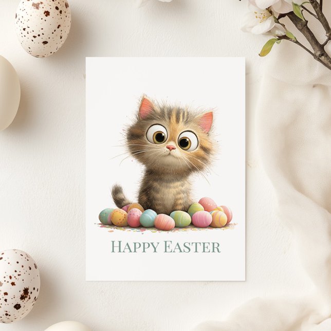 Carte de vœux plate de Pâques drôle avec chat (Funny Easter Cat Flat Greeting Card on a sunny table with Easter and Spring decor)