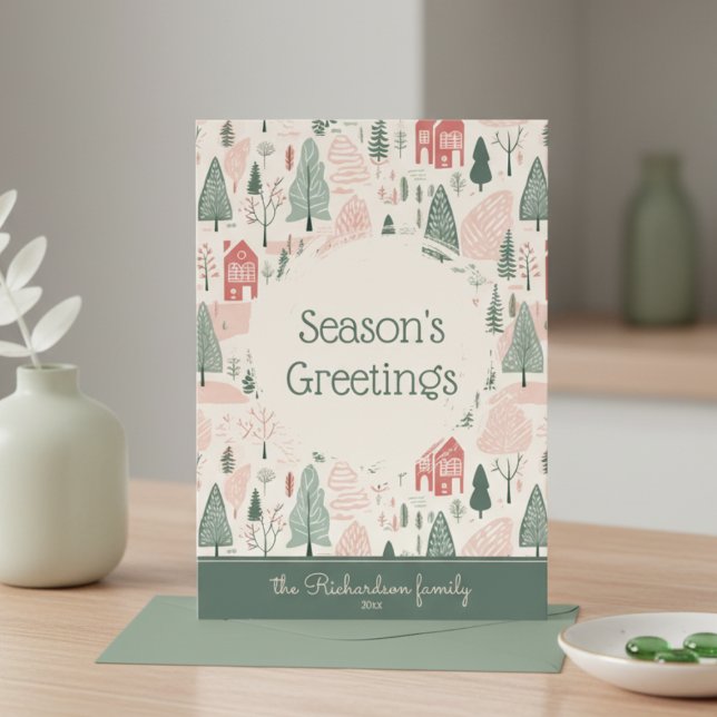 Carte de vœux plate de vacances avec saisons fanta (cute whimsical cozy scandinavian folk art christmas seasons greetings card with custom family name)