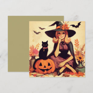 Carte de vœux plate rétro Halloween sorcière et no