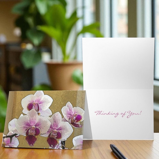 Carte de vœux pliable modèle Orchidée Blanche Viol (Orchid cover and inside template text.)