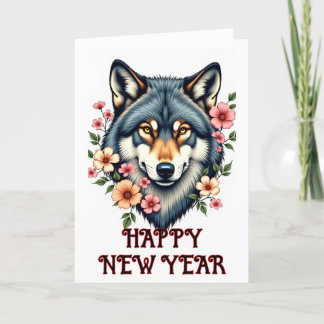 Carte de vœux pliante florale Nouvel An Loup