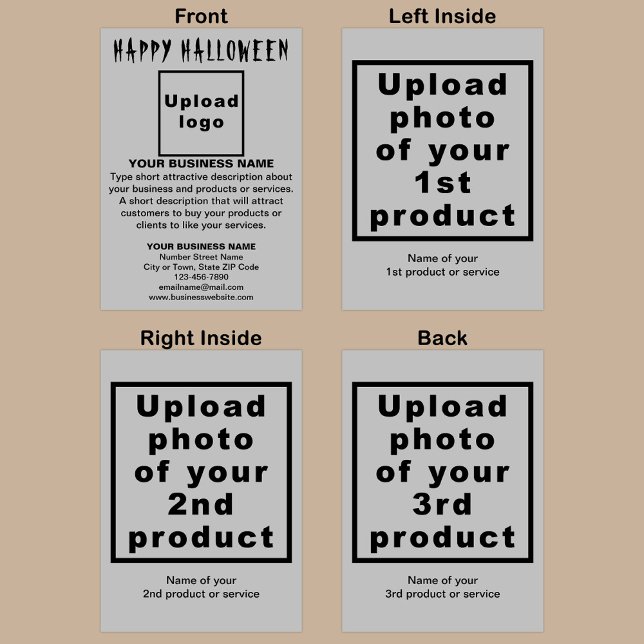 Carte de vœux pliante grise Halloween pour entrepr (Gray Halloween folded greeting card with your business brand and products or services.)
