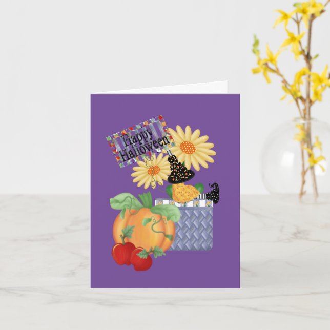 Carte de vœux pliée 3 fois pour un joyeux Hallowee (Fleur jaune)