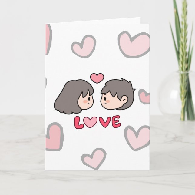Carte de vœux pliée "AMOUR" Couple Chibi Mignon -  (Devant)
