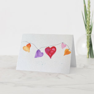 Carte de vœux pliée aquarelle Cœurs sur une corde