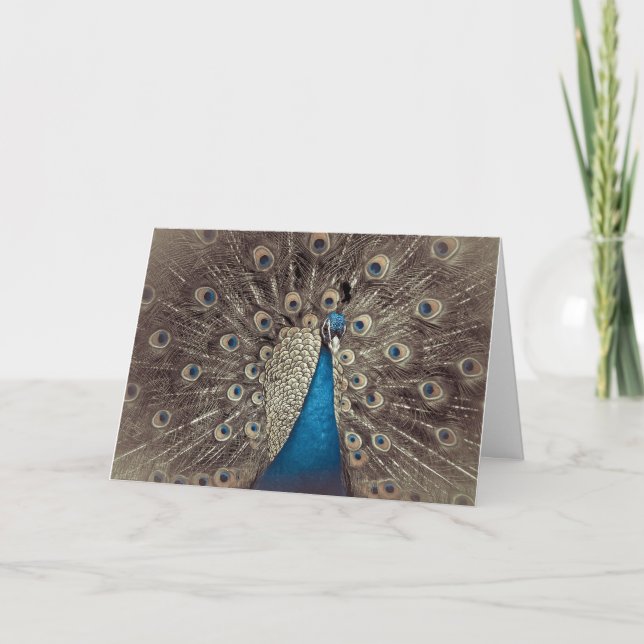 Carte de vœux pliée au paon bleu antique (Devant)