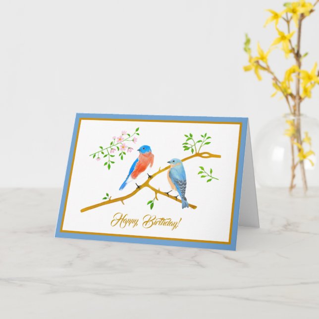 Carte de vœux pliée aux merles bleus (Fleur jaune)