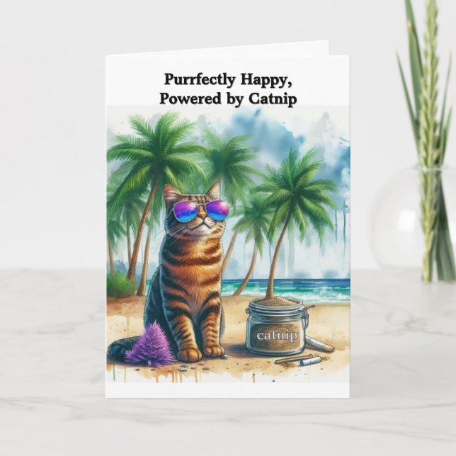 Carte de vœux pliée "Be Happy" à l'herbe à chat dr (Devant)