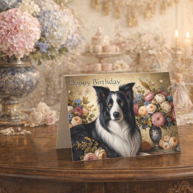 Carte de vœux pliée Border Collie Joyeux Anniversa (Elegant vintage Border Collie birthday card for dog lovers )