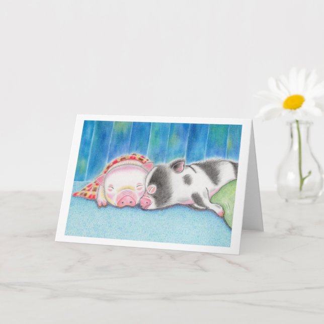 Carte de vœux pliée Cochons miniatures endormis (Petite plante)
