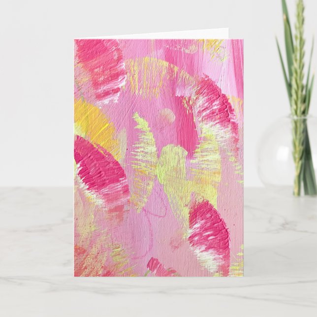 Carte de vœux pliée d'art abstrait rose et jaune (Devant)