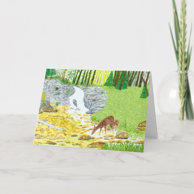 Carte de vœux pliée de biche et faon (Devant)